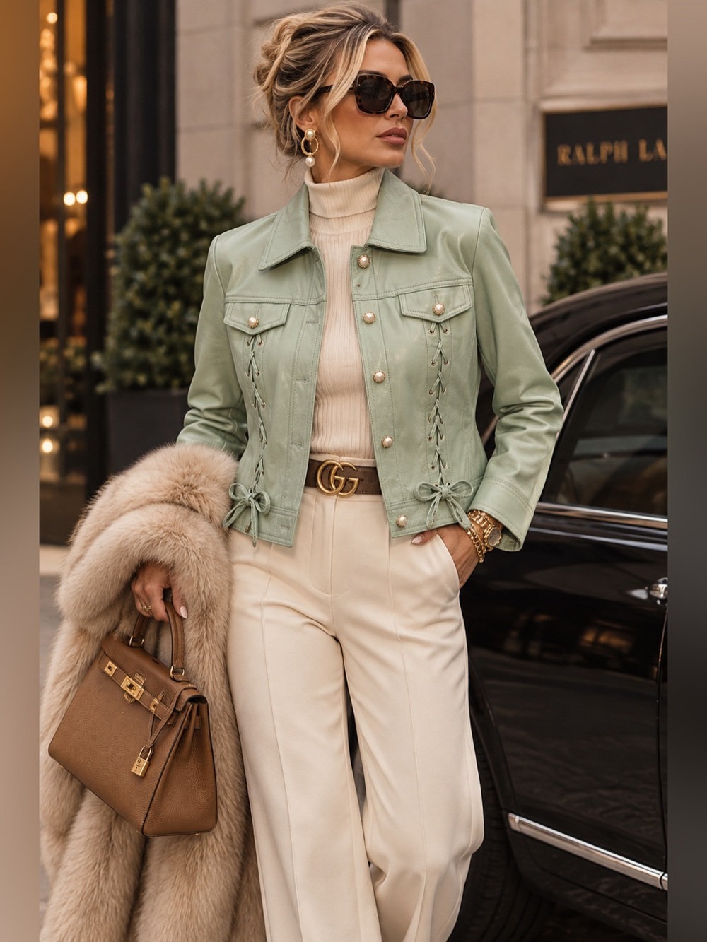 Mint Green Leather Moto Jacket - Women's Cropped Pearl Buttons.